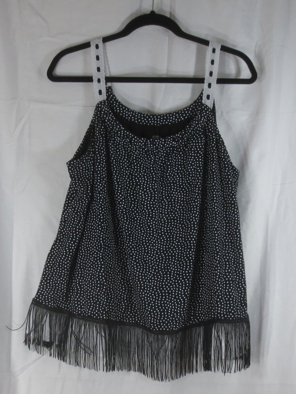 NEW Upcycled Top Black White Polka Dot Fringe Cotton Stretch Tank Plus Size 1X